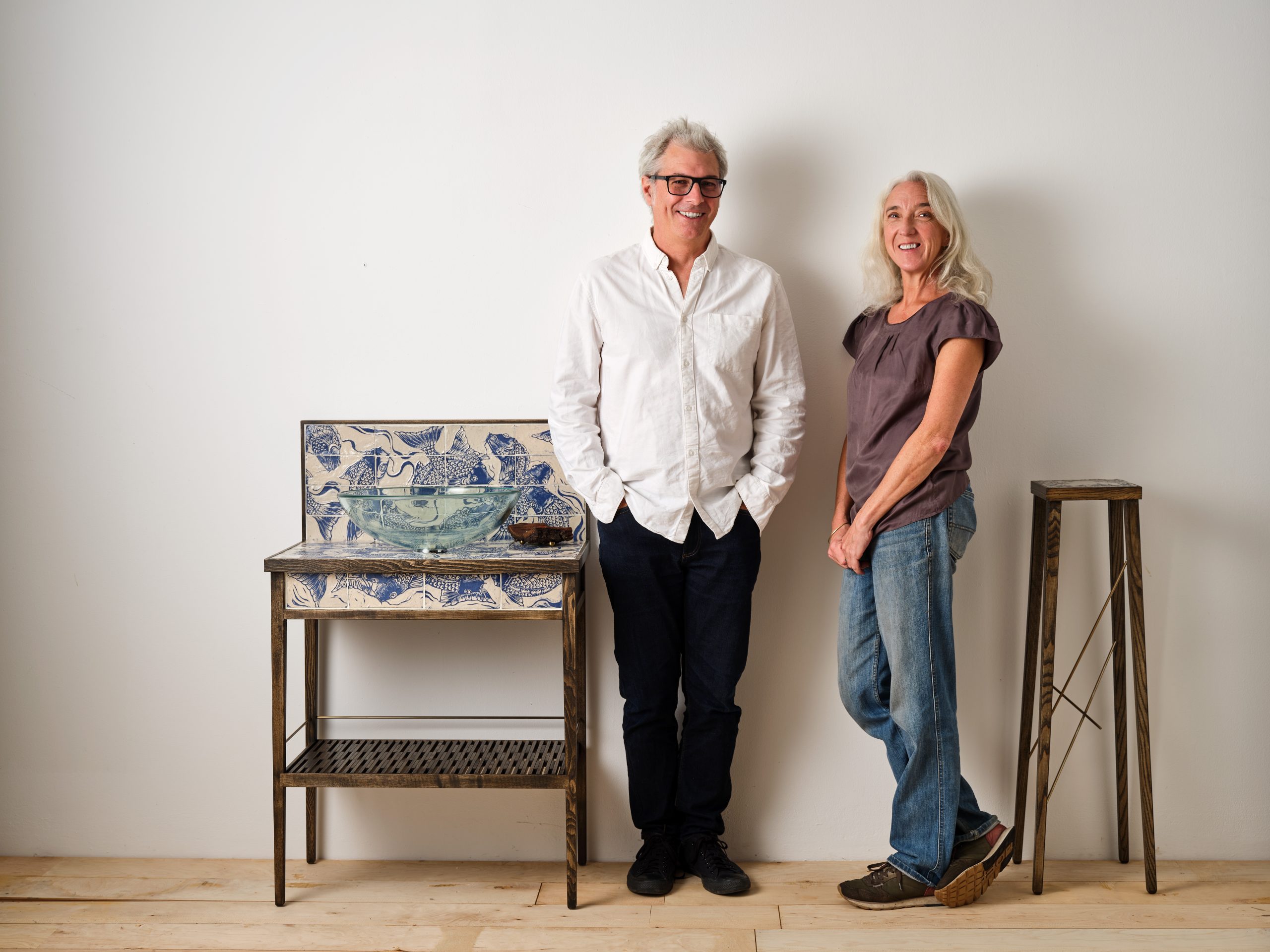 Gavin McClafferty and Jonquil Cook with their Rill Basin and Stem Pedestal pieces. Looking out